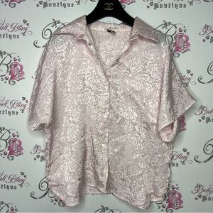 at once shiny blouse roses floral button up tshirt light weight baby pink cute